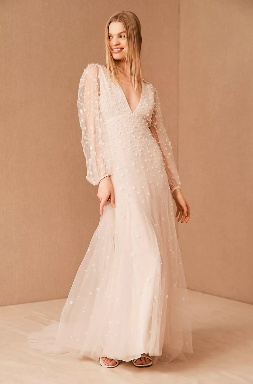 BHLDN Anthropologie Isla Beaded Pearl Long Sleeve Wedding Gown Size 6